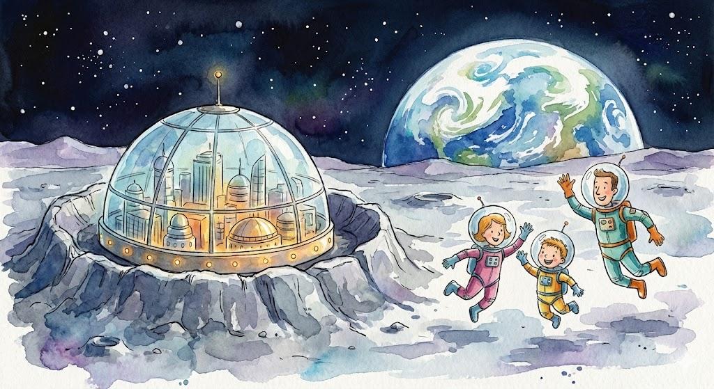 a domed city resting inside a moon crater