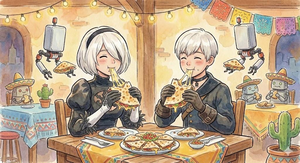 2B and 9S Eat Quesadillas